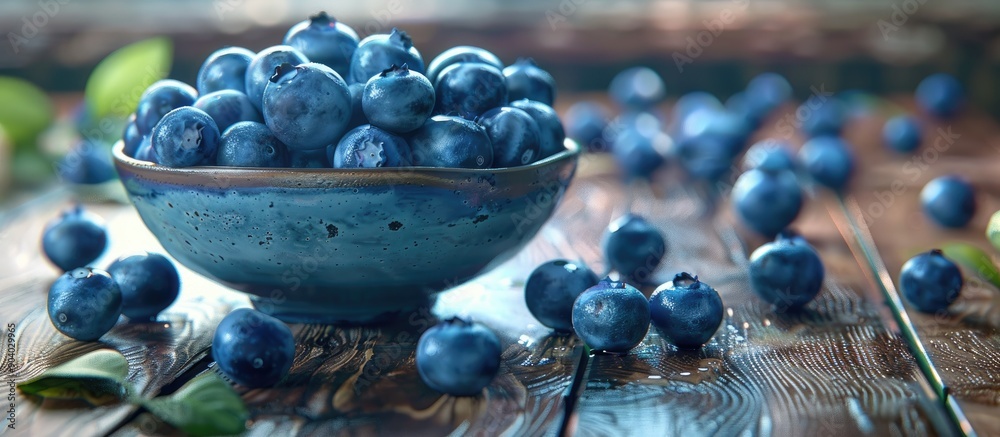 Poster blueberries displayed in a clean bowl on a wooden surface offering a spacious copy space image