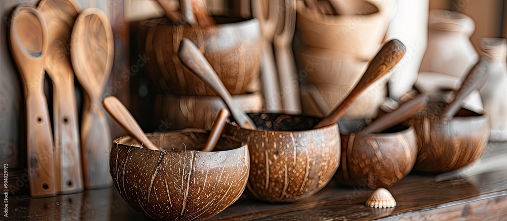 Poster wooden and brown coconut shell kitchen utensils with a focus on glass shells create an exotic theme 
