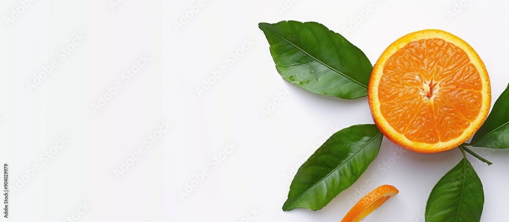 Aufkleber Isolated orange fruit with leaves and half on a white background with a full depth of field and clipping path for the copy space image