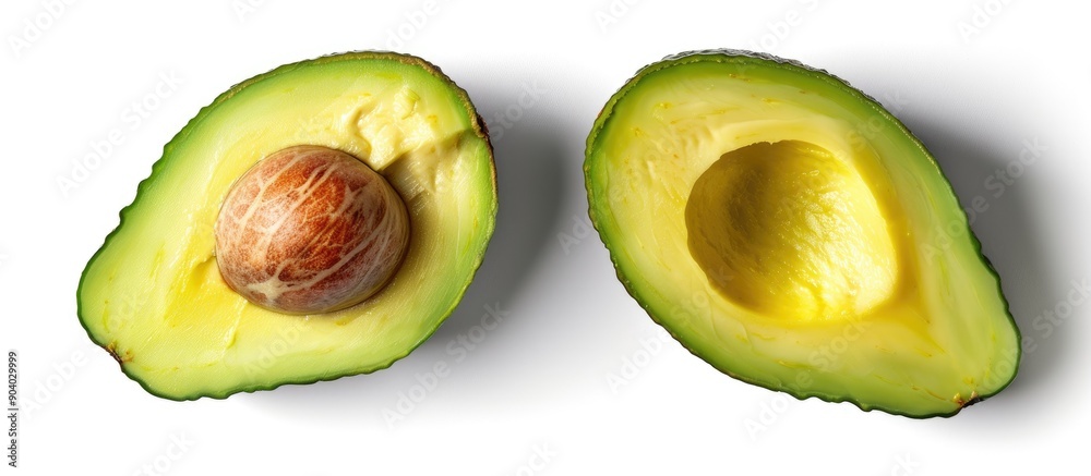 Poster avocado cut in half showcased on a white background with a clipping path for a clear copy space imag