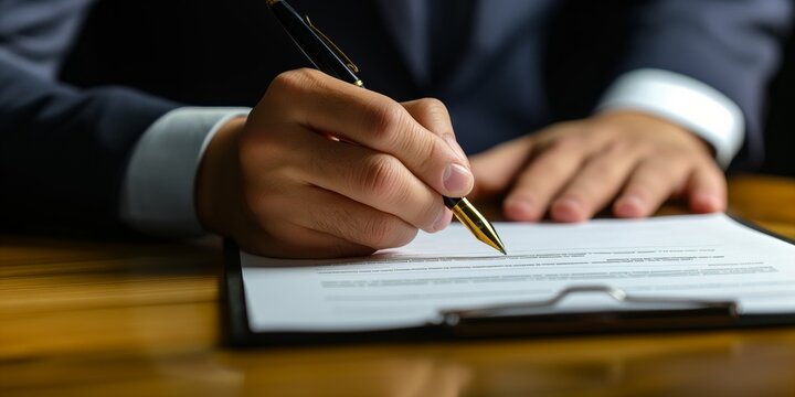 A legal document signing requires a professional in a suit for smooth agreement execution. An attorney ensures clients rights and necessary formalities, showcasing a commitment to justice