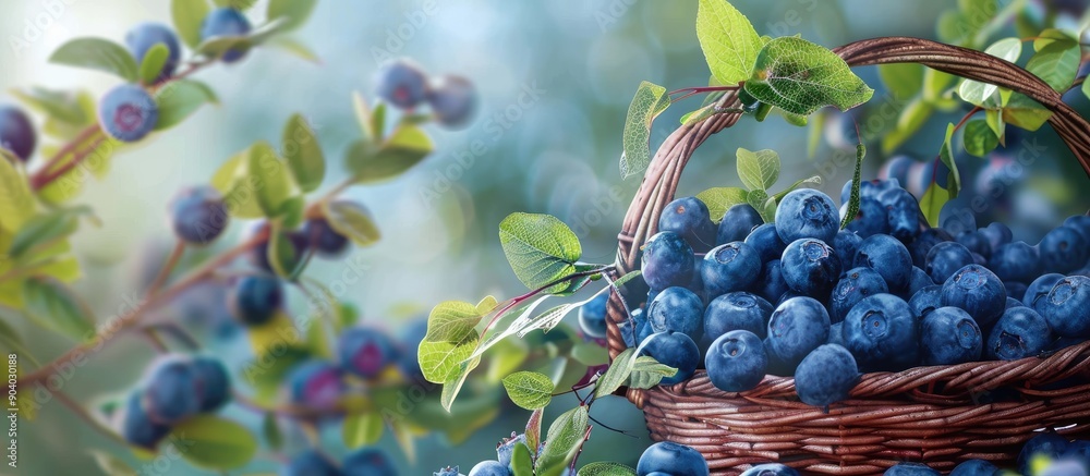 Aufkleber Fresh blueberries in a wicker basket and branches of blueberries up close creating a background with copy space image