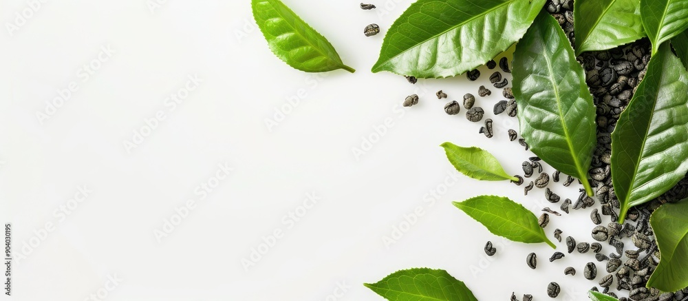 Poster Green tea extract on a plain white backdrop with empty space for text or images. . image with copy space