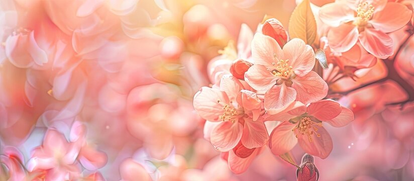 Soft focus image of peach colored spring flowers blooming on an apple tree capturing the freshness of spring with copy space