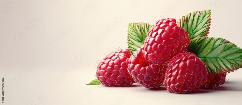 Poster fresh ripe raspberry with green leaf on white background perfect as a copy space image