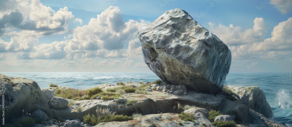 Poster Large boulder perched on the rugged shore with a spacious copy space image
