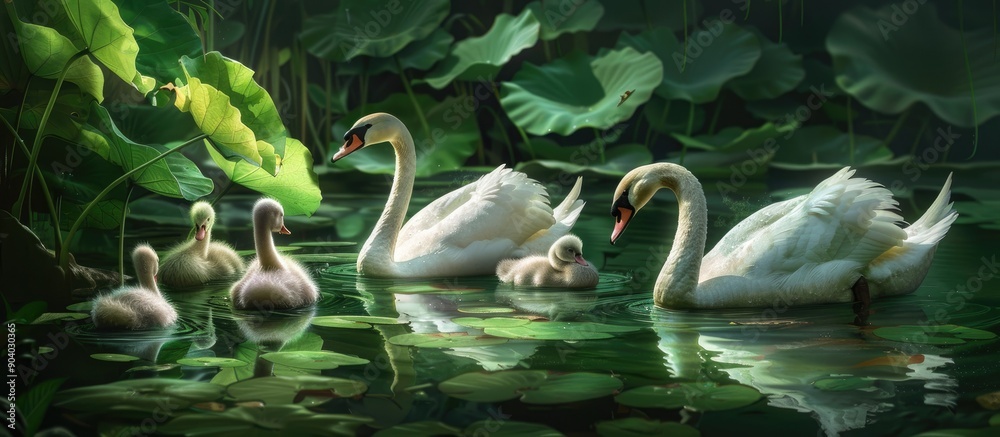 Poster young swans swim in a pond with a lush green reflection leaving space for additional images