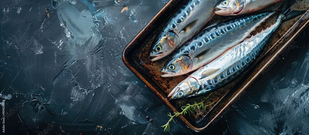 Poster Mackerel fishes neatly arranged on tray with copy space image