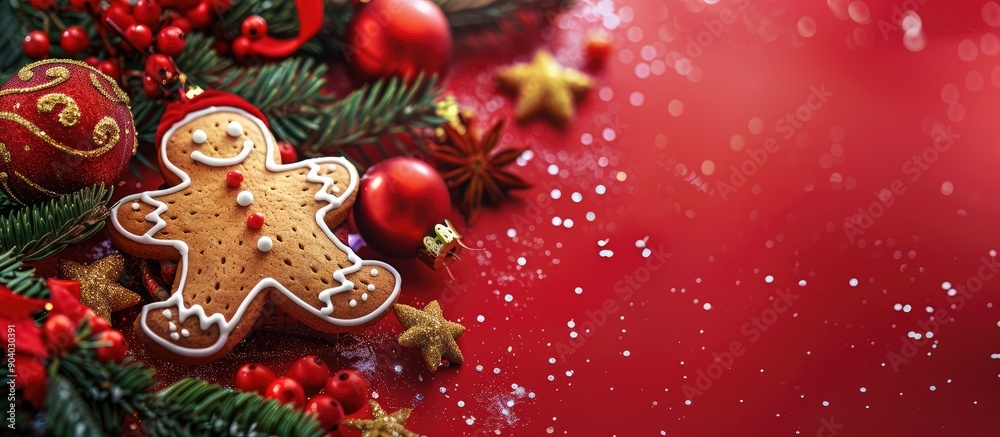 Poster Isolated on a red background a Christmas card with a gingerbread cookie and festive decorations offers ample copy space image