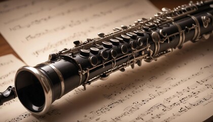 Clarinet placed on a sheet of music with soft, ambient lighting highlighting the instrument's details
