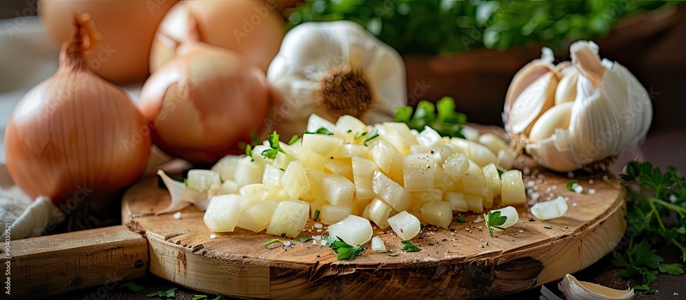 Poster freshly chopped garlic onion shallot and parsley displayed on a wooden board with copy space image