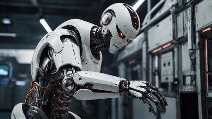 Fototapeta premium Futuristic humanoid robot with a sleek design and glowing eyes, showcasing advanced technology in a high-tech environment.