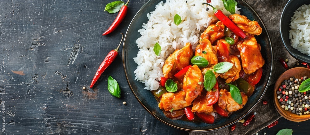 Aufkleber an enticing dish of chicken slices in a spicy sauce with bell peppers served alongside rice displaye