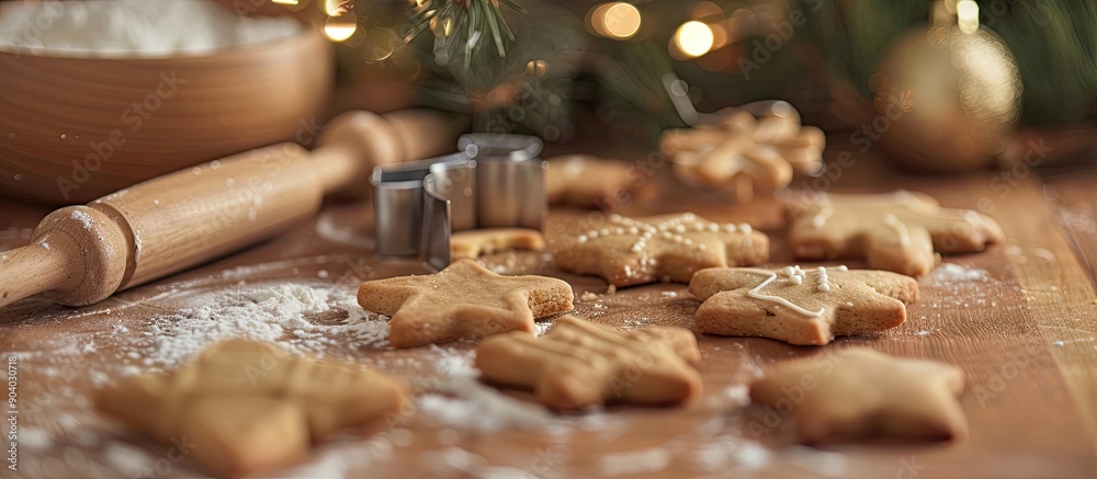 Aufkleber preparing christmas cookies with cookies cutter dough and rolling pin on the kitchen table creating 