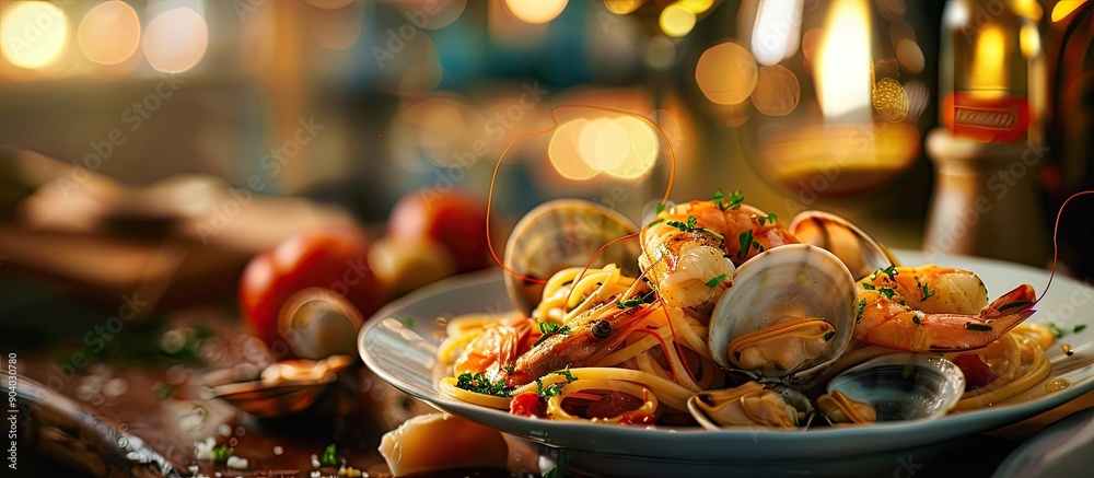 Poster spaghetti frutti di mare featuring italian clams prawns and a mouthwatering sauce with a captivating