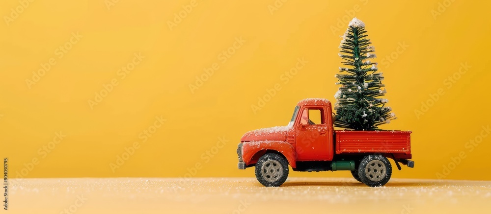 Poster a small toy truck with a christmas tree in the back set on a yellow background for christmas and new