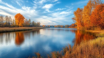 A serene autumn landscape with a calm river and colorful foliage  © pimnada