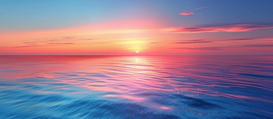 Picturesque sunset with a clear blue sky and a colorful horizon reflecting on a calm ocean seascape in a copy space image