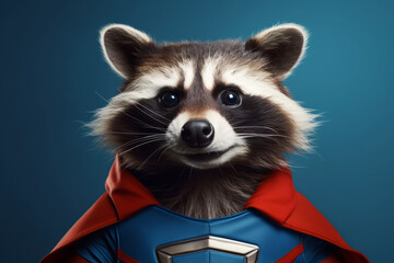 Close up portrait of a raccoon in a superman costume wearing glasses. Funny character for your game or story	
