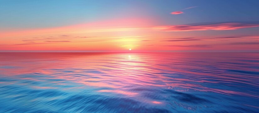 Picturesque sunset with a clear blue sky and a colorful horizon reflecting on a calm ocean seascape in a copy space image