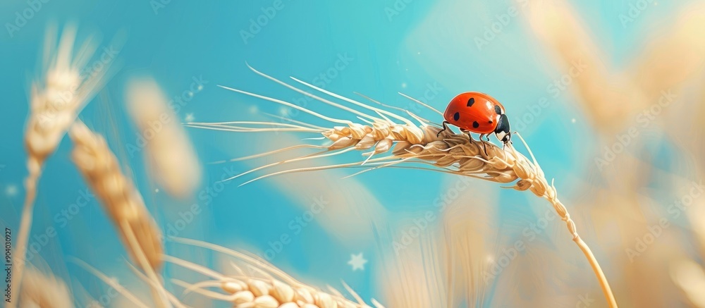 Poster A ladybug perched on a wheat plant with clear blue sky in the background creating a serene copy space image