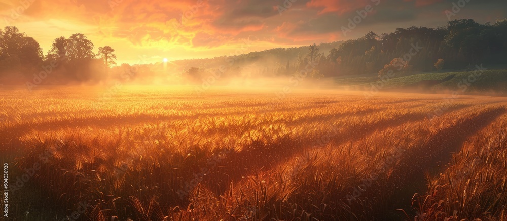 Poster the field is bustling on a misty morning with a vibrant atmosphere. . image with copy space