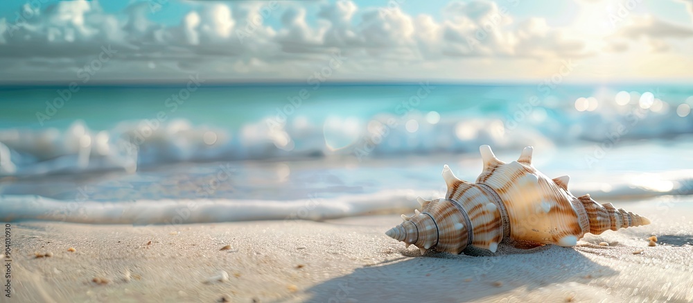 Poster Selective focus creates a blurred background emphasizing a conch shell on the sandy beach in the center of the copy space image