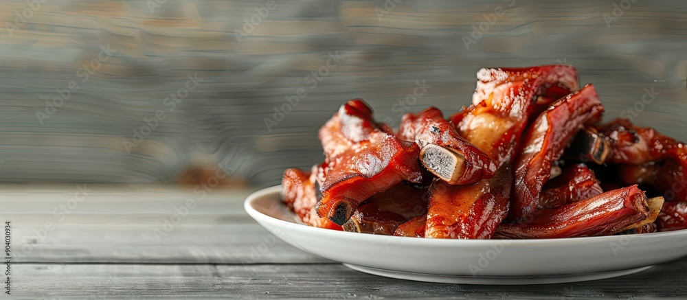 Poster close up of smoked pork ears served as a beer snack on a white plate against a gray wooden table wit