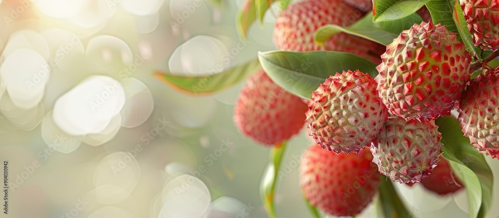 Poster close up image of ripe lychee fruits with copy space image