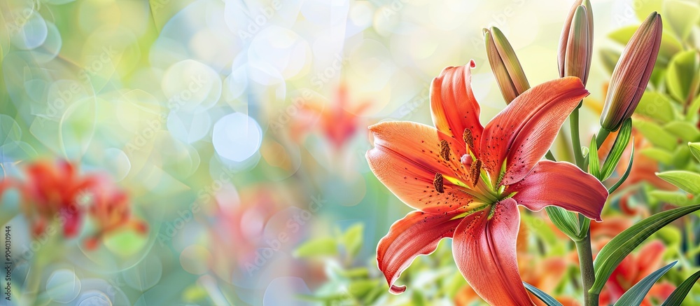 Poster red lilium dauricum blooming in a vibrant summer garden setting with ample copy space image