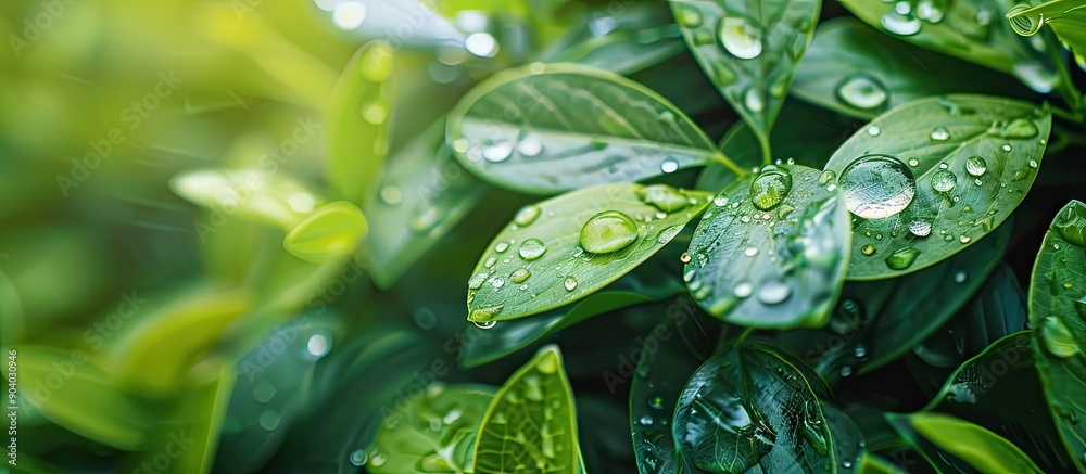 Aufkleber Selective focus capture of a water drop on leaves with copy space image