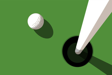 Golf ball on golf course near hole with flagstick, view from above, close up, vector