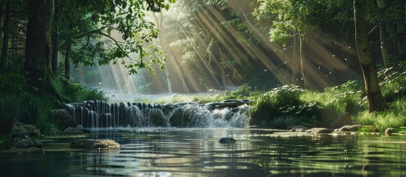Nature rill flows serenely through the forest providing a peaceful and picturesque scene with copy space image
