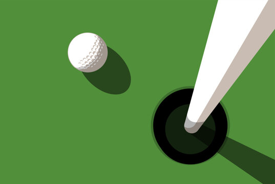 Golf ball on golf course near hole with flagstick, view from above, close up, vector