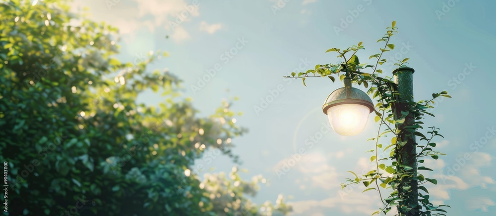Poster a vine intertwines around a light pole against a clear sky backdrop in a picturesque setting capturi