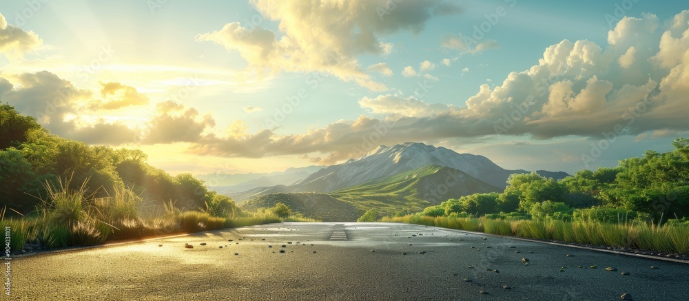 Poster sunrise illuminating a scenic natural landscape featuring an asphalt road square a verdant mountain 