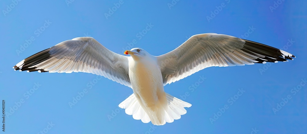 Poster high quality photo of a soaring seagull against a clear blue sky set against a copy space image