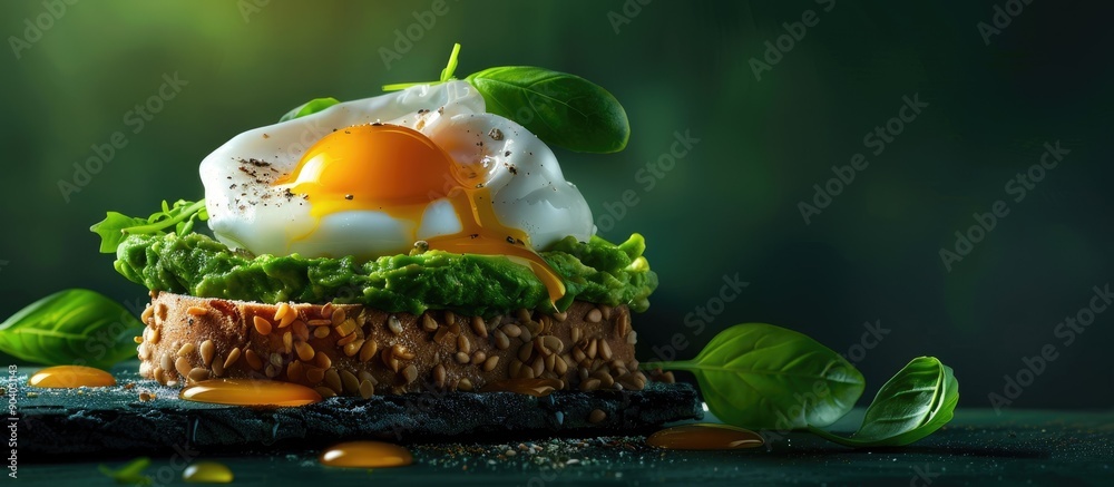 Aufkleber avocado sandwich topped with a poached egg oozing yolk and fresh basil leaves on a dark green backdr