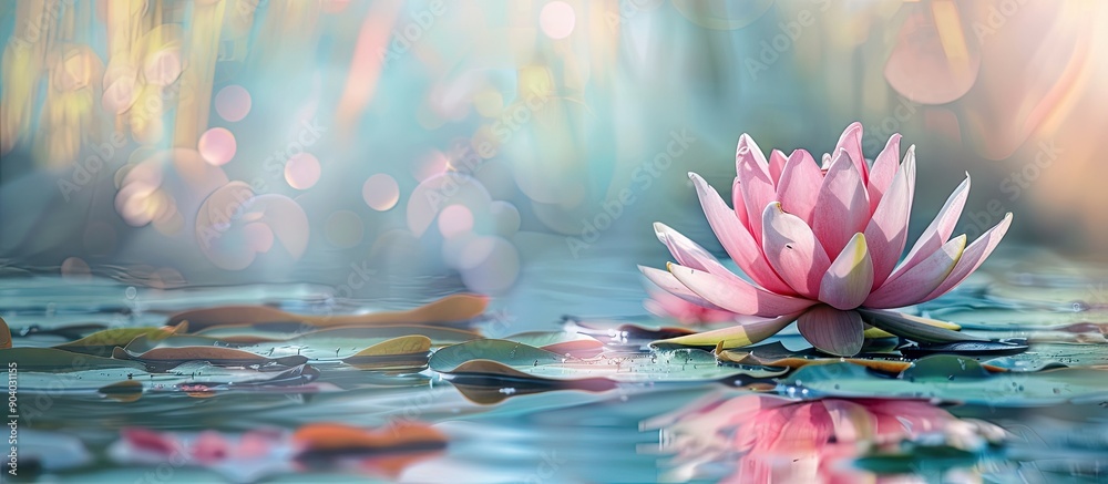Poster gorgeous pink waterlily or lotus flower floating on a pond with copy space image