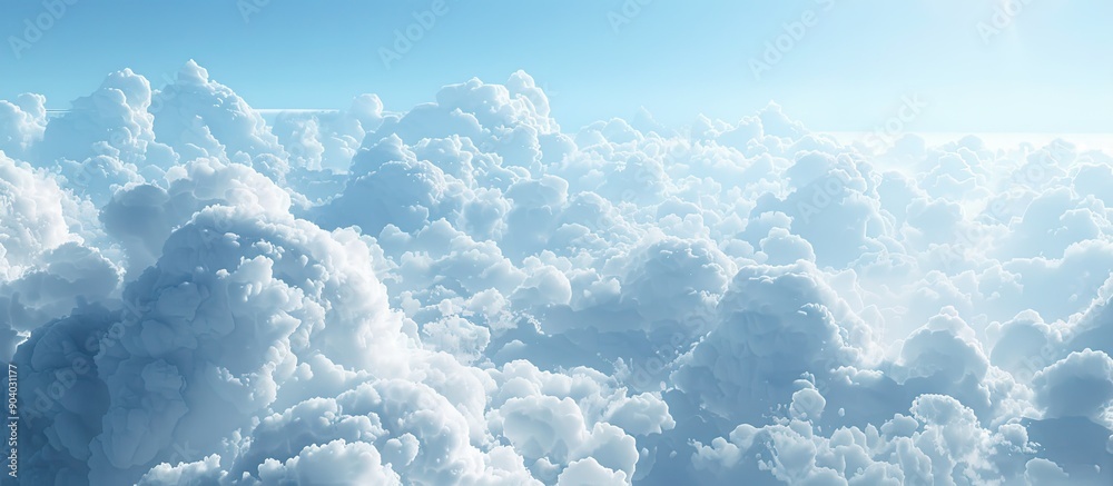 Poster Blue sky with fluffy clouds creating a beautiful panorama features a fluffy cloud in the backdrop with ample copy space image