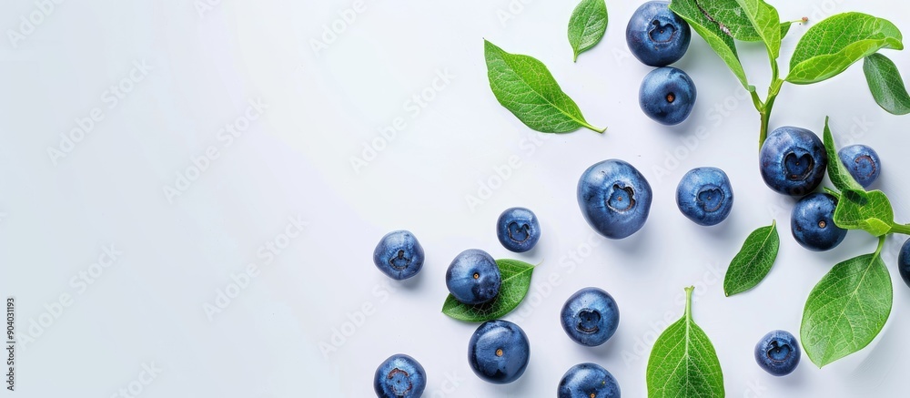 Poster fresh blueberries with leaves in a copy space image a nutritious ingredient against a white backdrop