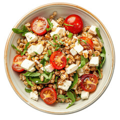 Fresh and healthy grain salad with cherry tomatoes, arugula, and feta cheese, served in a bowl, perfect for a nutritious lunch or dinner.