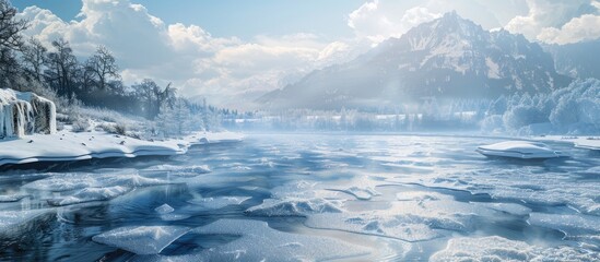 Obraz premium Frozen river in landscape scenery with melting ice offering a serene view with copy space image