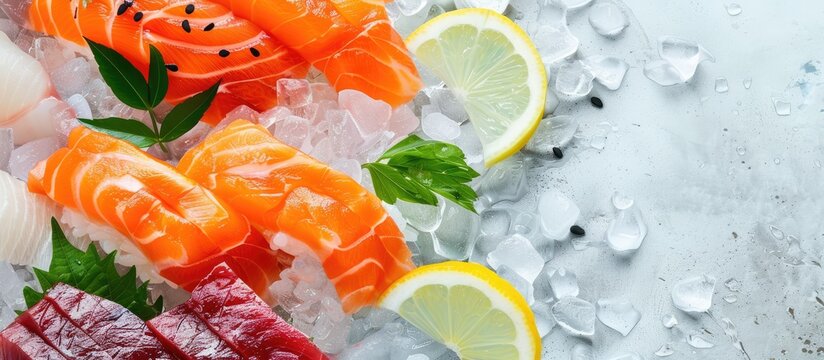 Various types of raw fish along with crushed ice and decorative leaves are beautifully arranged in a copy space image - Powered by Adobe