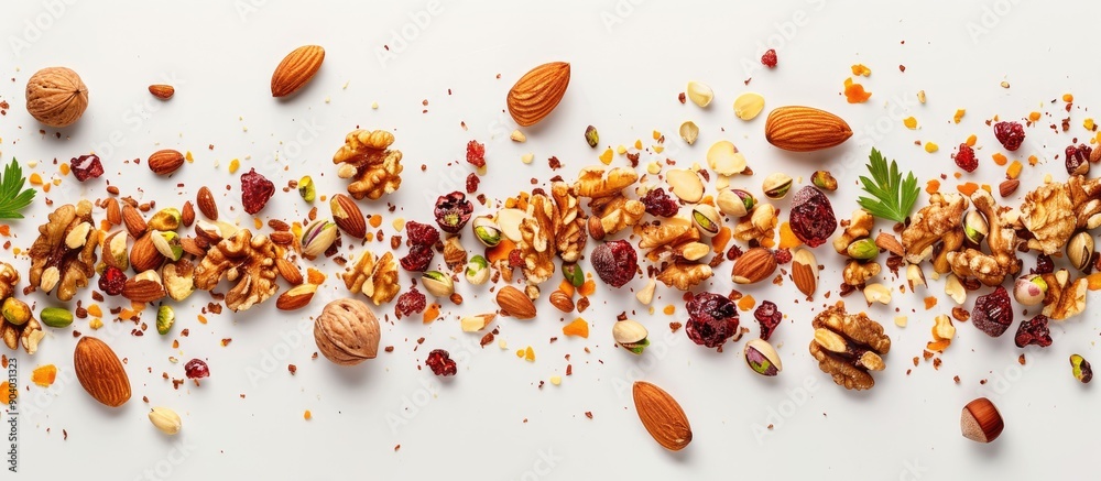 Poster turkish desserts showcasing a mix of walnuts hazelnuts and pistachio petals on a white background as