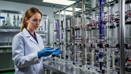 A young Caucasian female scientist in a lab coat, focused on her work in a modern laboratory filled with scientific equipment.