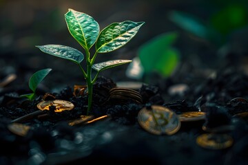 Growth and Prosperity: A young plant sprout emerging from rich soil symbolizes growth and wealth