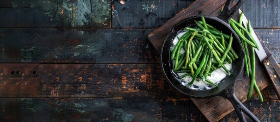 A diet friendly dish showcasing green beans cooked in sour cream presented in a frying pan with a captivating copy space image