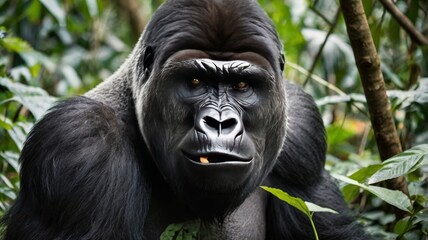 Fototapeta premium A powerful male gorilla resting in lush greenery, showcasing its majestic features and expressive gaze.