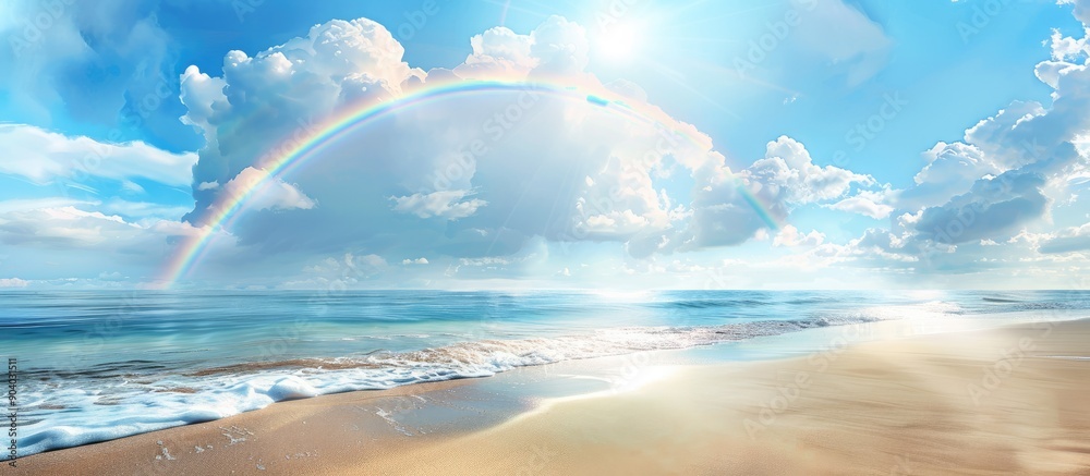 Poster Scenic view of a rainbow over the bright sky and seaside with a copy space image